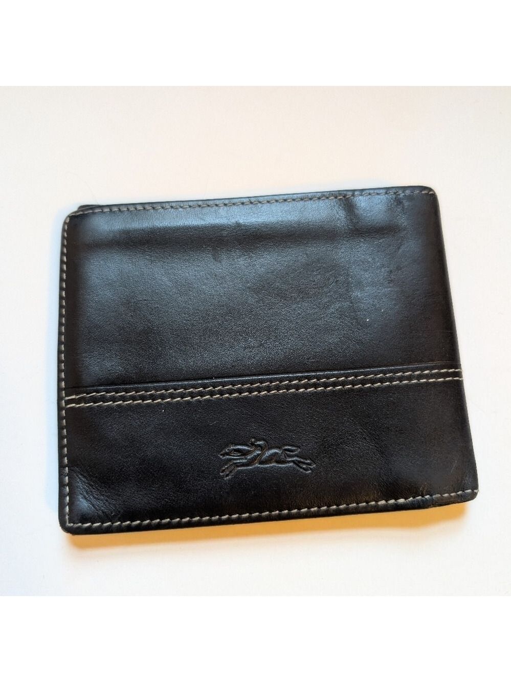 Longchamp Black Leather Wallet with Logo In Beaten Condition
